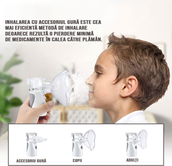 Aparat aerosoli FIGGA® NEB-01, Nebulizator copii si adulti, portabil, tehnologie Mesh, 2 trepte putere, silentios, tip alimentare Baterii sau la Retea cablu 2 m, culoare Alb/Gri [4]