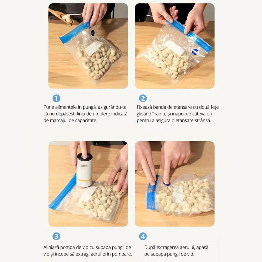 Aparat de vidat alimente ZAFIT™ PMP-02, 10 pungi de vidat incluse, Portabil, Tip pompa, Reincarcabil, Acumulator 400 mAh, Putere 3 W, Debit 2.5l/min, cablu incarcare inclus [6]
