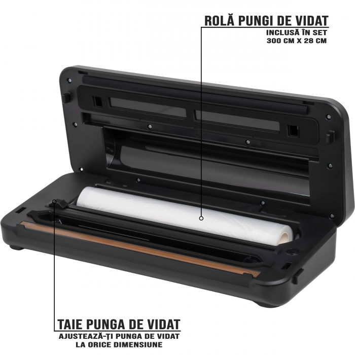 Aparat de vidat alimente ZAFIT™ VID-110 PRO+, 30 cm bara de lipire, cu rola 300 cm x 28 cm, Furtun vidare sticle si caserole, Negru/Inox [2]