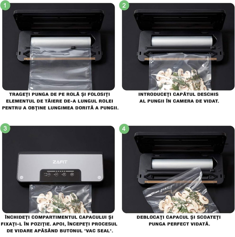 Aparat de vidat alimente ZAFIT™ VID-110 PRO+, 30 cm bara de lipire, cu rola 300 cm x 28 cm, Furtun vidare sticle si caserole, Negru/Inox [4]