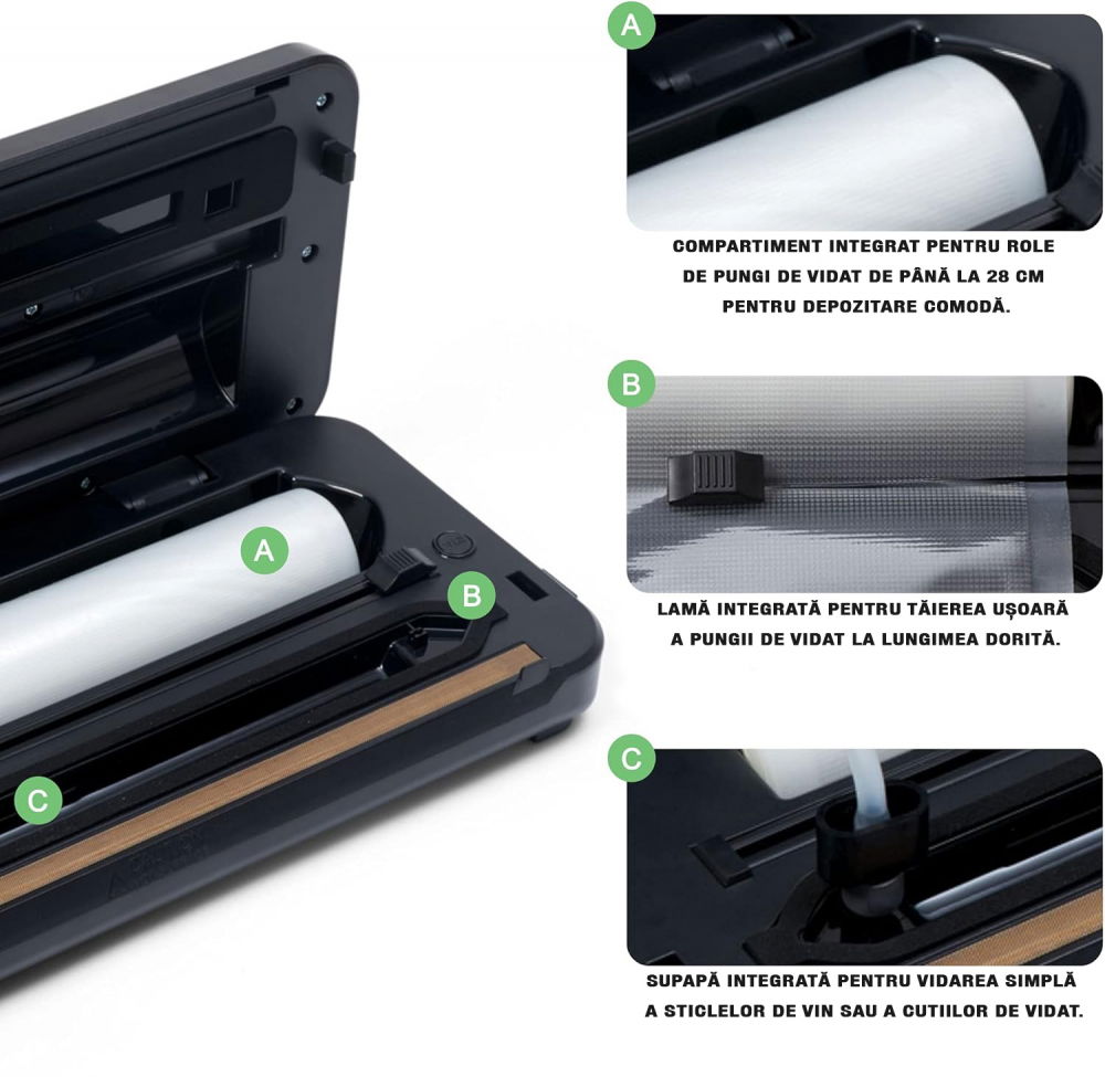 Aparat de vidat alimente ZAFIT™ VID-110 PRO+, 30 cm bara de lipire, cu rola 300 cm x 28 cm, Furtun vidare sticle si caserole, Negru/Inox [3]