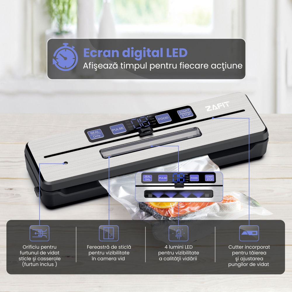 Aparat de vidat alimente ZAFIT™ VID-360 PRO+, Furtun vidare sticle si caserole, 30 cm bara de lipire, 5 pungi incluse, Negru/Inox [2]