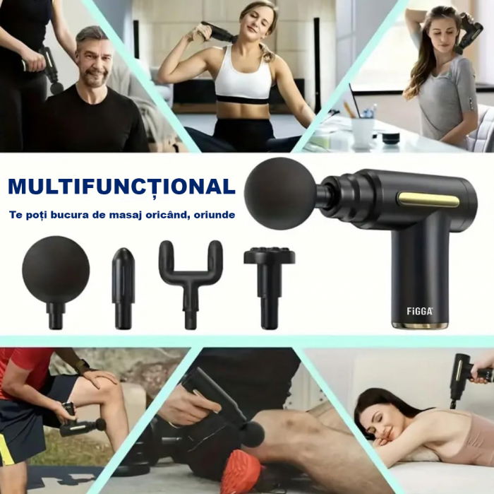 Aparat Masaj Profesional FiGGA®, Tip Pistol, Acumulator 2800mAh, 1800-3200 rpm, 4 capete, pentru Gat, Spate, Maini, Picioare, Anti Celulita, Motor Silentios, Negru [5]