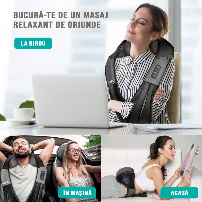 Aparat profesional masaj electric FiGGA® pentru gat si spate, cu incalzire, cervical, lombar, abdomen si picioare, miscari 3D, relaxare musculara, utilizare acasa, la birou si in masina [6]