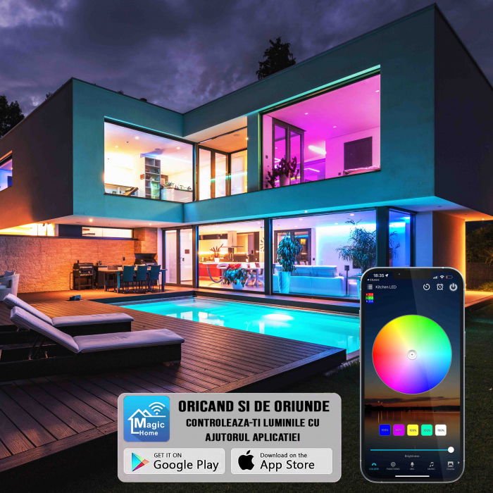 Banda LED RGB ZAFIT™ 5 metri, Exterior/Interior IP65, Adeziva, Wi-Fi, aplicatie telefon, telecomanda, mod muzica, timer, microfon, intensitate lumina reglabila [5]