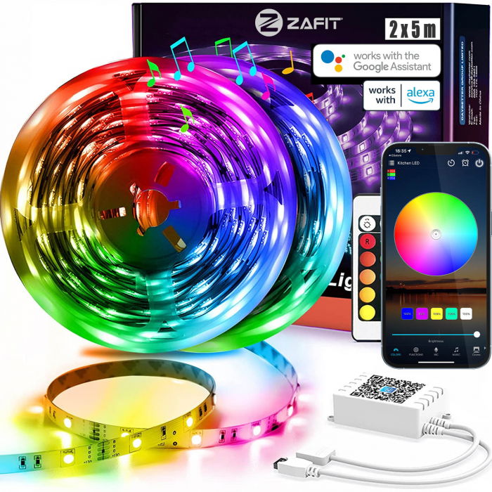 Banda LED ZAFIT™ 10 metri, Interior IP20, 5050 RGB, Wi-Fi, aplicatie telefon, telecomanda, mod muzica, timer, microfon, intensitate lumina reglabila [1]
