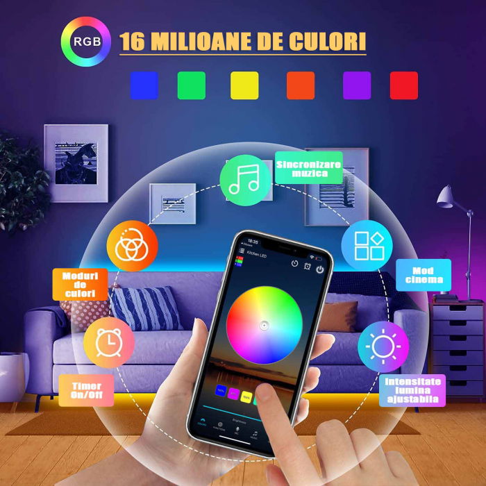 Banda LED ZAFIT™ 10 metri, Bluetooth, aplicatie telefon, telecomanda, mod muzica, timer, microfon, intensitate lumina reglabila, Interior, IP20, 5050 RGB, autoadeziva [3]