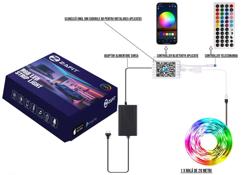 Banda LED ZAFIT™ 20 metri, Bluetooth, aplicatie telefon, telecomanda, mod muzica, timer, microfon, intensitate lumina reglabila, Interior, IP20, 5050 RGB, autoadeziva - Copie [2]