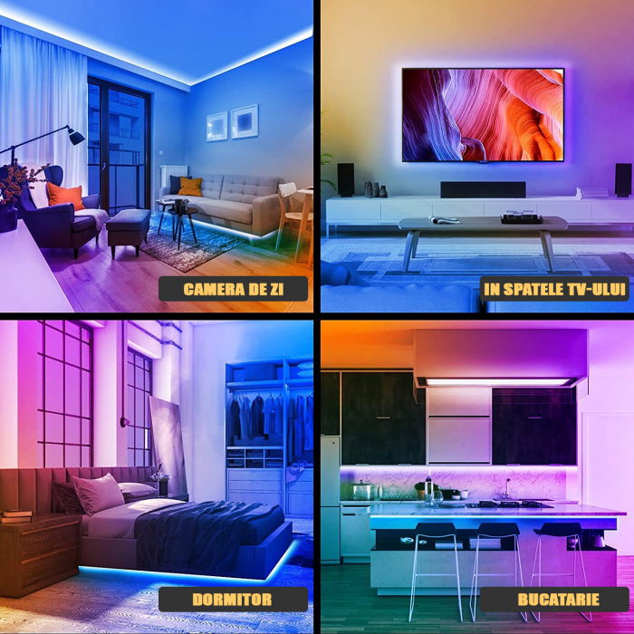 Banda LED ZAFIT™ 5 metri, Bluetooth, aplicatie telefon, telecomanda, mod muzica, timer, microfon, intensitate lumina reglabila, Interior, IP20, 5050 RGB, autoadeziva [6]