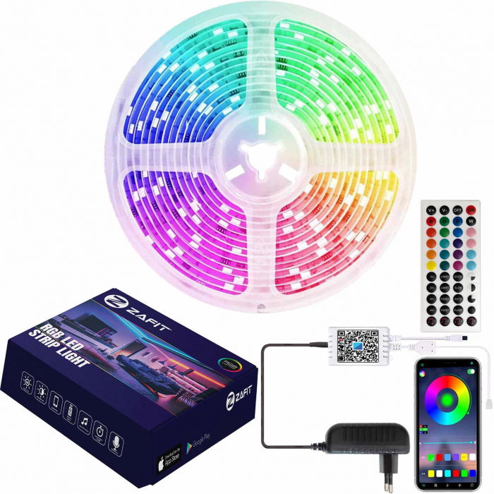 Banda LED ZAFIT™ 5 metri, Bluetooth, aplicatie telefon, telecomanda, mod muzica, timer, microfon, intensitate lumina reglabila, Interior, IP20, 5050 RGB, autoadeziva [1]