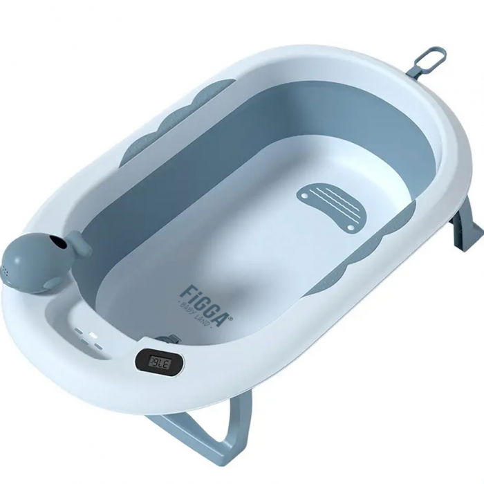 Cadita bebe cu suport FiGGA®, 0-48 luni, pliabila, termometru, picioare antiderapante, cana pentru clatire tip jucarie, suport cap de dus, suport pentru sapun, Albastru [2]