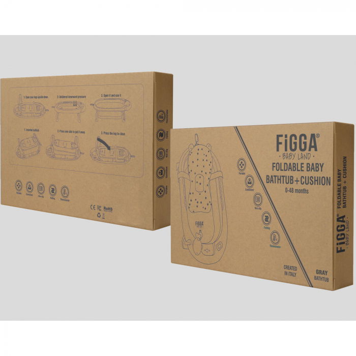 Cadita bebe cu suport FiGGA®, 0-48 luni, pliabila, termometru, picioare antiderapante, cana pentru clatire tip jucarie, suport cap de dus, suport pentru sapun, Gri [10]