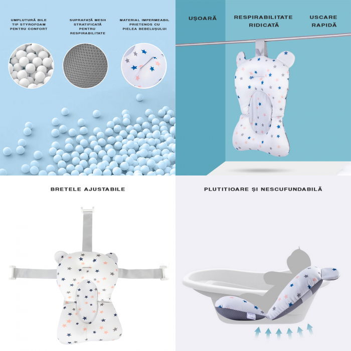 Cadita bebe cu suport FiGGA®, 0-48 luni, pliabila, termometru, picioare antiderapante, cana pentru clatire tip jucarie, suport cap de dus, suport pentru sapun, Albastru [3]