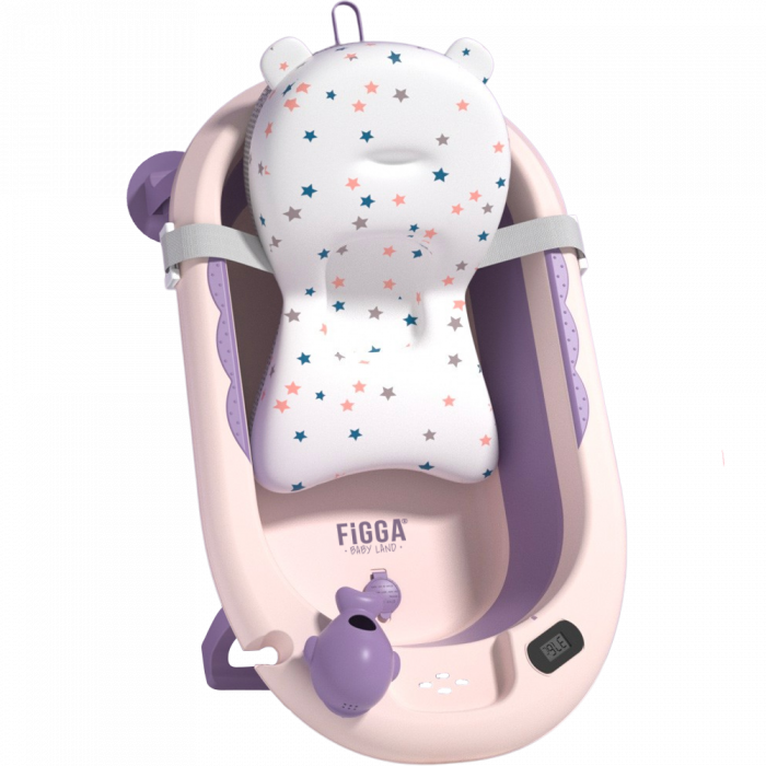 Cadita bebe cu suport FiGGA®, 0-48 luni, pliabila, termometru, picioare antiderapante, cana pentru clatire tip jucarie, suport cap de dus, suport pentru sapun, Roz [1]