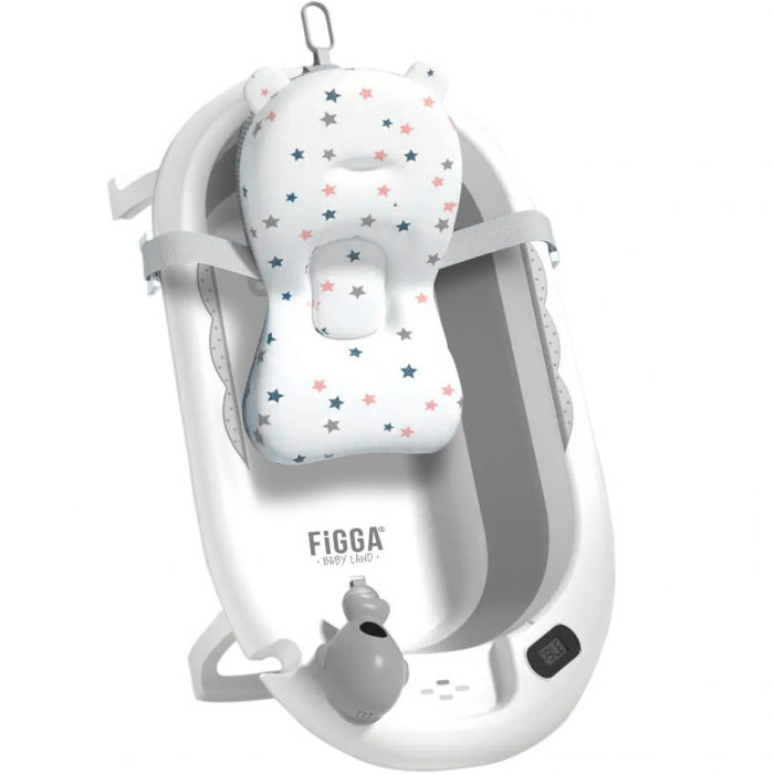 Cadita bebe cu suport FiGGA®, 0-48 luni, pliabila, termometru, picioare antiderapante, cana pentru clatire tip jucarie, suport cap de dus, suport pentru sapun, Gri [2]