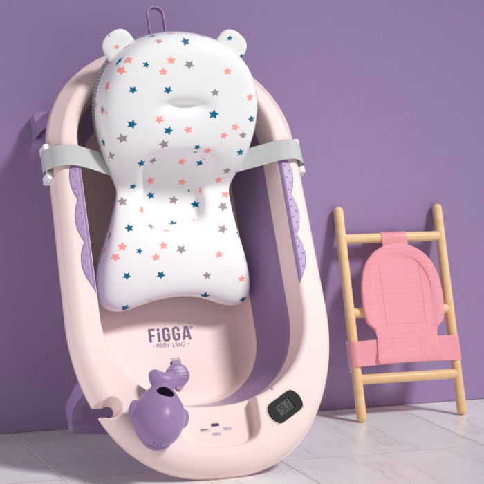 Cadita bebe cu suport FiGGA®, 0-48 luni, pliabila, termometru, picioare antiderapante, cana pentru clatire tip jucarie, suport cap de dus, suport pentru sapun, Roz [2]