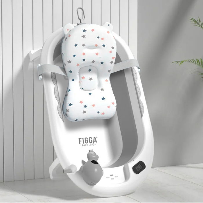 Cadita bebe cu suport FiGGA®, 0-48 luni, pliabila, termometru, picioare antiderapante, cana pentru clatire tip jucarie, suport cap de dus, suport pentru sapun, Gri [1]