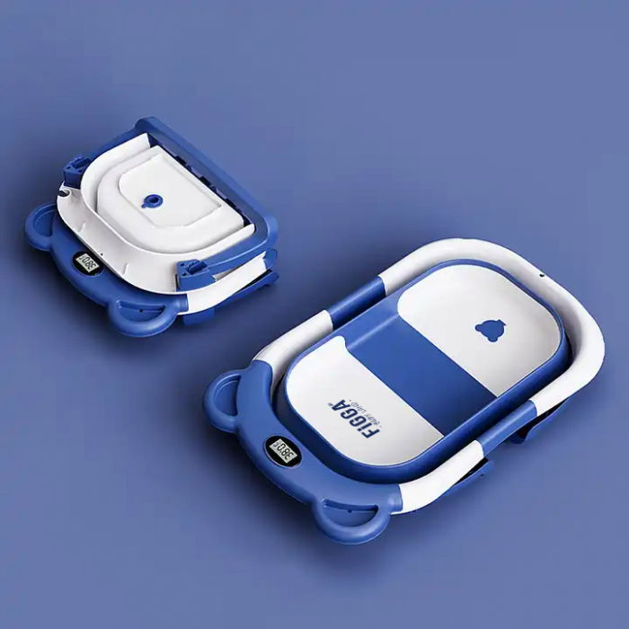 Cadita bebe cu suport FiGGA®, 0-48 luni, portabila, extra pliabila, termometru, picioare antiderapante, suport cap de dus, Albastru [6]