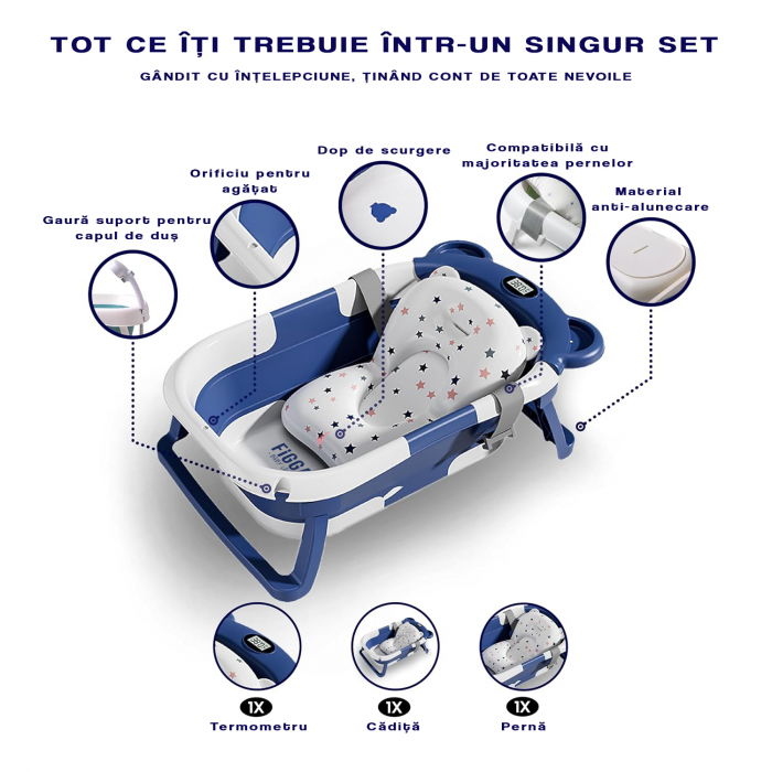 Cadita bebe cu suport FiGGA®, 0-48 luni, portabila, extra pliabila, termometru, picioare antiderapante, suport cap de dus, Albastru [3]
