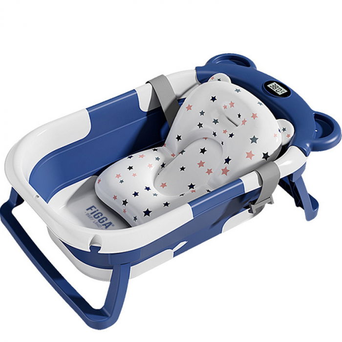 Cadita bebe cu suport FiGGA®, 0-48 luni, portabila, extra pliabila, termometru, picioare antiderapante, suport cap de dus, Albastru [1]