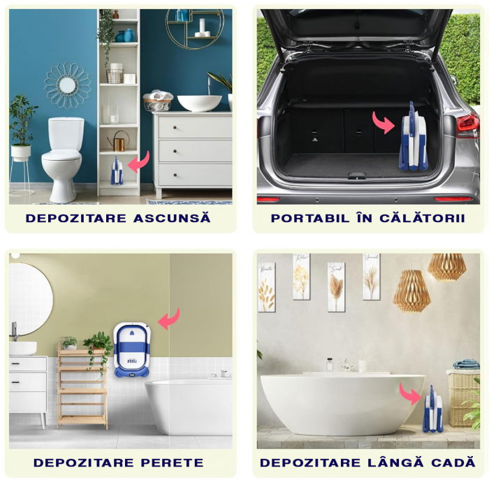 Cadita bebe cu suport FiGGA®, 0-48 luni, portabila, extra pliabila, termometru, picioare antiderapante, suport cap de dus, Albastru [8]