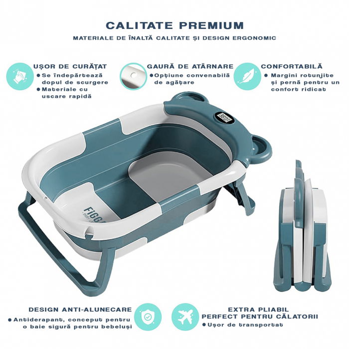Cadita bebe cu suport FiGGA®, 0-48 luni, portabila, extra pliabila, termometru, picioare antiderapante, suport cap de dus, Verde [4]