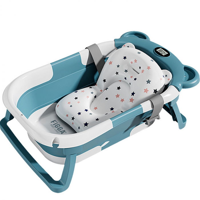 Cadita bebe cu suport FiGGA®, 0-48 luni, portabila, extra pliabila, termometru, picioare antiderapante, suport cap de dus, Verde [1]