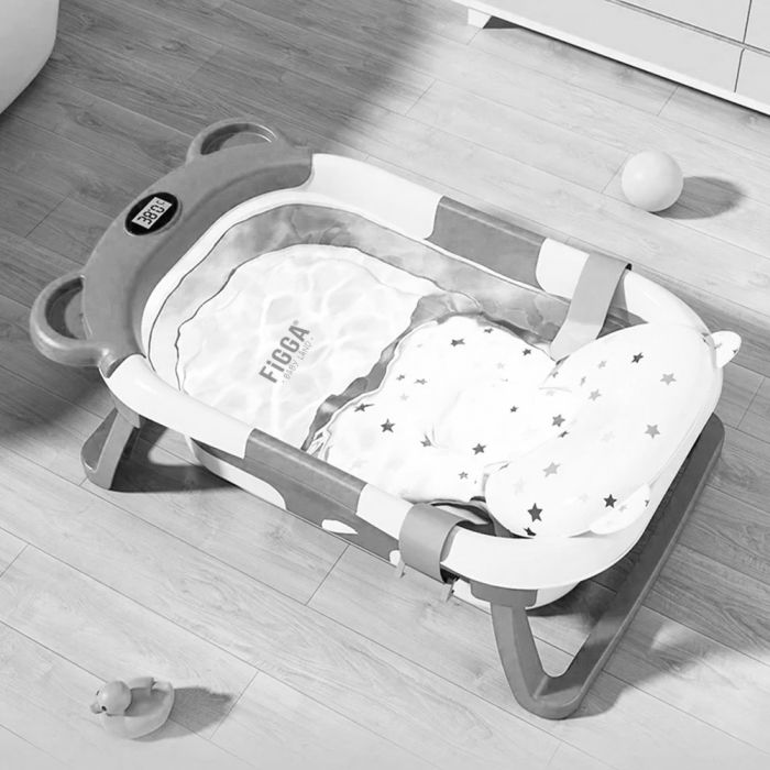 Cadita bebe cu suport FiGGA®, 0-48 luni, portabila, extra pliabila, termometru, picioare antiderapante, suport cap de dus, Gri [9]