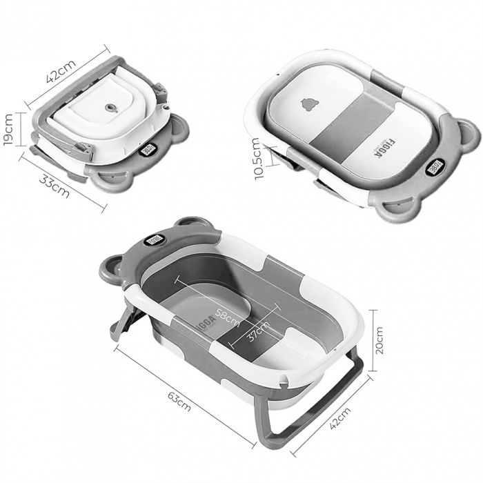 Cadita bebe cu suport FiGGA®, 0-48 luni, portabila, extra pliabila, termometru, picioare antiderapante, suport cap de dus, Gri [6]