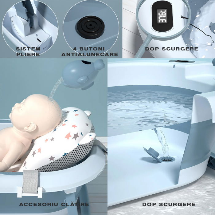 Cadita bebe FiGGA®, 0-48 luni, pliabila, termometru, picioare antiderapante, cana pentru clatire tip jucarie, suport cap de dus, suport pentru sapun, Albastru [5]