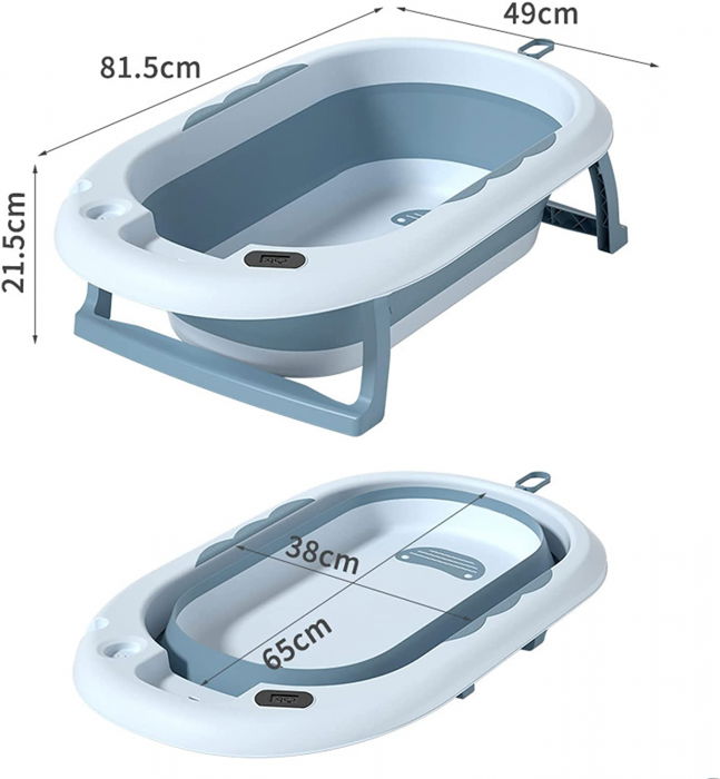 Cadita bebe FiGGA®, 0-48 luni, pliabila, termometru, picioare antiderapante, cana pentru clatire tip jucarie, suport cap de dus, suport pentru sapun, Albastru [3]