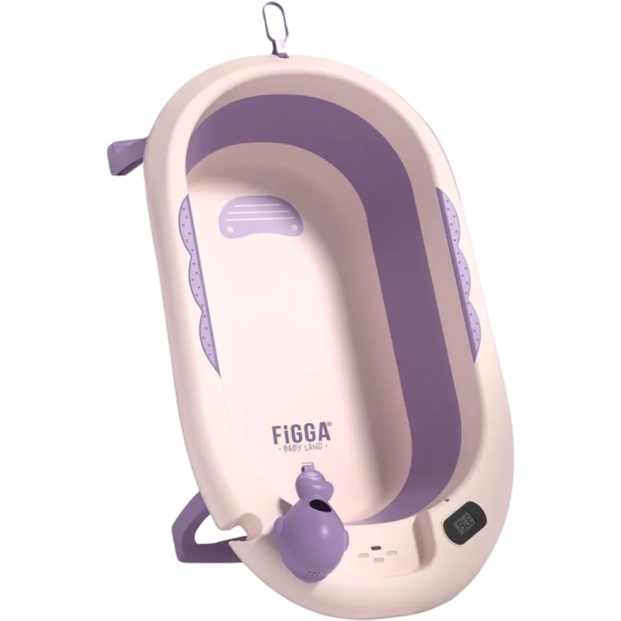 Cadita bebe FiGGA®, 0-48 luni, pliabila, termometru, picioare antiderapante, cana pentru clatire tip jucarie, suport cap de dus, suport pentru sapun, Roz [1]