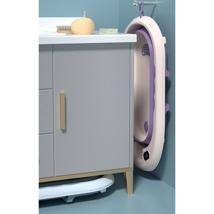 Cadita bebe FiGGA®, 0-48 luni, pliabila, termometru, picioare antiderapante, cana pentru clatire tip jucarie, suport cap de dus, suport pentru sapun, Roz [4]