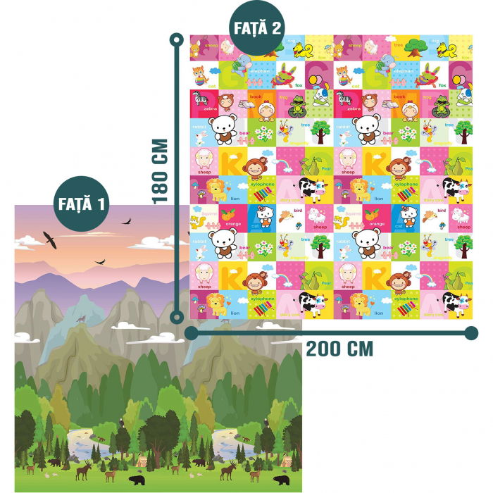 Covor de joaca FiGGA® pentru copii 200 x 180 cm, Spuma protectie, Termoizolant, Pliabil, 2 fete, Covoras bebe interactiv si educativ pentru activitati de joaca a bebelusului, Print 04 [2]