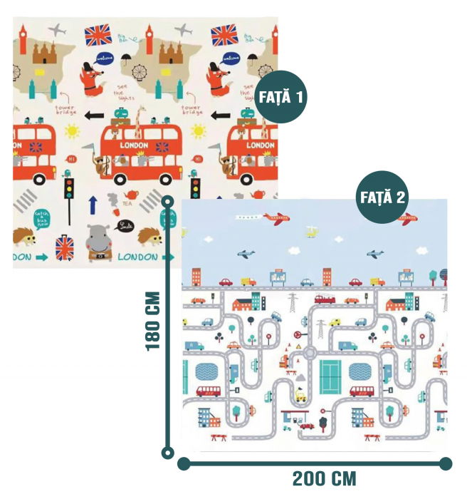 Covor de joaca FiGGA® pentru copii 200 x 180 cm, Spuma protectie, Termoizolant, Pliabil, 2 fete, Covoras bebe interactiv si educativ pentru activitati de joaca a bebelusului, Print 08 [2]