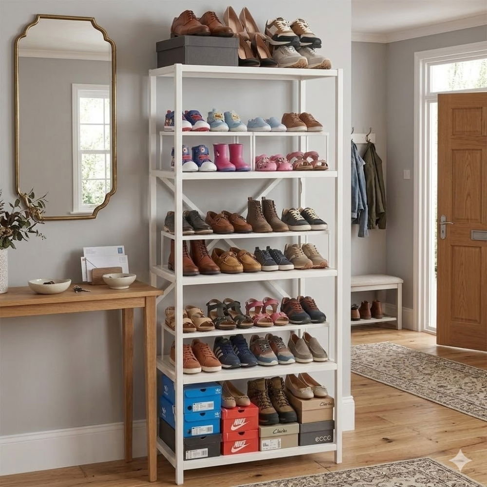 Etajera cu 5 rafturi depozitare FiGGA®, Metal si MDF, 150 cm x 60 cm x 30 cm, potrivita pentru baie, carti, pantofi, incaltaminte, papuci, jucarii, biblioteca, in camara, debara sau dressing, Alb/Alb [6]