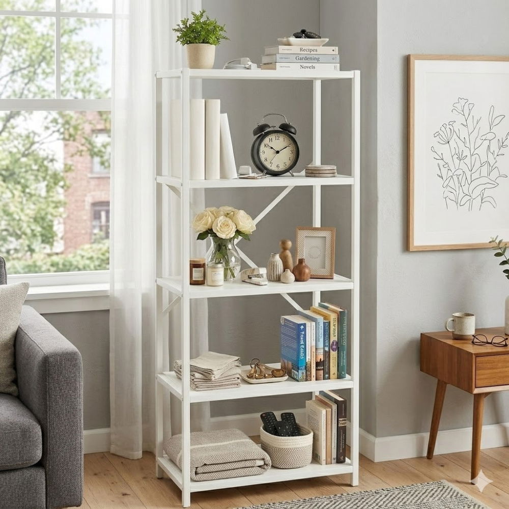 Etajera cu 5 rafturi depozitare FiGGA®, Metal si MDF, 150 cm x 60 cm x 30 cm, potrivita pentru baie, carti, pantofi, incaltaminte, papuci, jucarii, biblioteca, in camara, debara sau dressing, Alb/Alb [5]