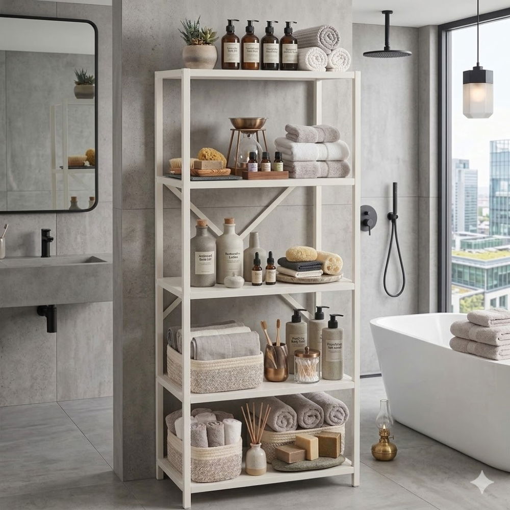 Etajera cu 5 rafturi depozitare FiGGA®, Metal si MDF, 150 cm x 60 cm x 30 cm, potrivita pentru baie, carti, pantofi, incaltaminte, papuci, jucarii, biblioteca, in camara, debara sau dressing, Alb/Alb [4]