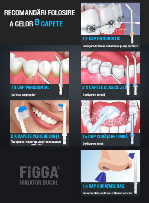 Dus bucal FiGGA® Oral-F101, Irigator portabil profesional, 8 Capete, Baterie 2500 mAh, 5 Viteze, 300 ml Rezervor, IPX7 Waterproof, Protectie supraincalzire, Gentuta depozitare, Negru [6]