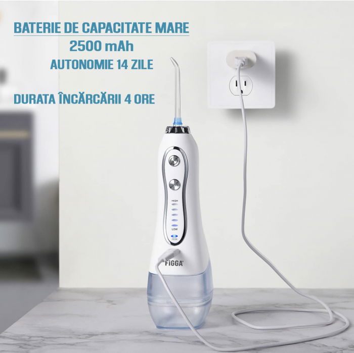 Dus bucal FiGGA® Oral-F101, Irigator portabil profesional, 8 Capete, Baterie 2500 mAh, 5 Viteze, 300 ml Rezervor, IPX7 Waterproof, Protectie supraincalzire, Gentuta depozitare, Alb [9]