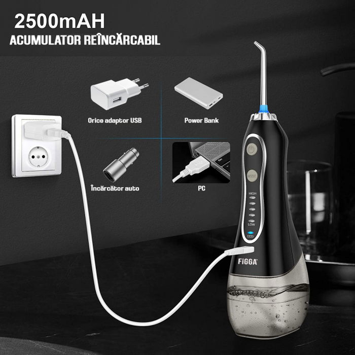 Dus bucal FiGGA® Oral-F101, Irigator portabil profesional, 8 Capete, Baterie 2500 mAh, 5 Viteze, 300 ml Rezervor, IPX7 Waterproof, Protectie supraincalzire, Gentuta depozitare, Negru [9]
