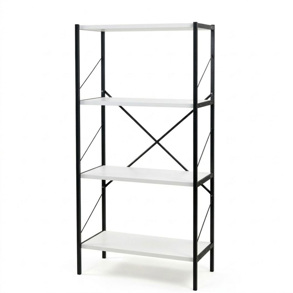 Etajera cu 4 rafturi depozitare FiGGA®, Metal + MDF, 120 cm x 55 cm x 25 cm, potrivita pentru baie, carti, pantofi, incaltaminte, papuci, jucarii, biblioteca, in camara, debara sau dressing, Negru/Alb [4]