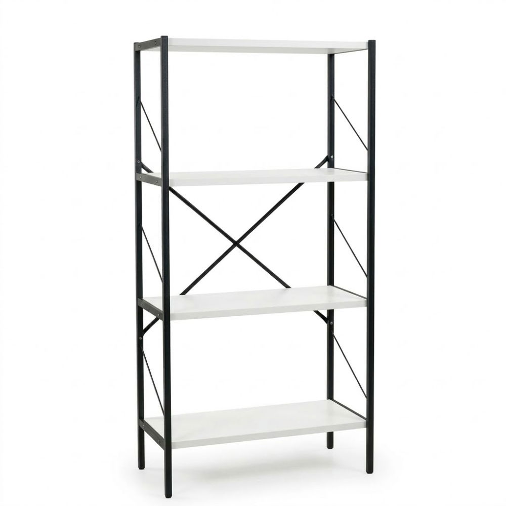 Etajera cu 4 rafturi depozitare FiGGA®, Metal + MDF, 120 cm x 55 cm x 25 cm, potrivita pentru baie, carti, pantofi, incaltaminte, papuci, jucarii, biblioteca, in camara, debara sau dressing, Negru/Alb [2]