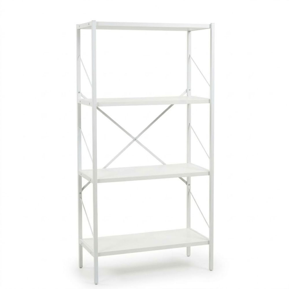 Etajera cu 4 rafturi depozitare FiGGA®, Metal + MDF, 120 cm x 55 cm x 25 cm, potrivita pentru baie, carti, pantofi, incaltaminte, papuci, jucarii, biblioteca, in camara, debara sau dressing, Alb/Alb [2]