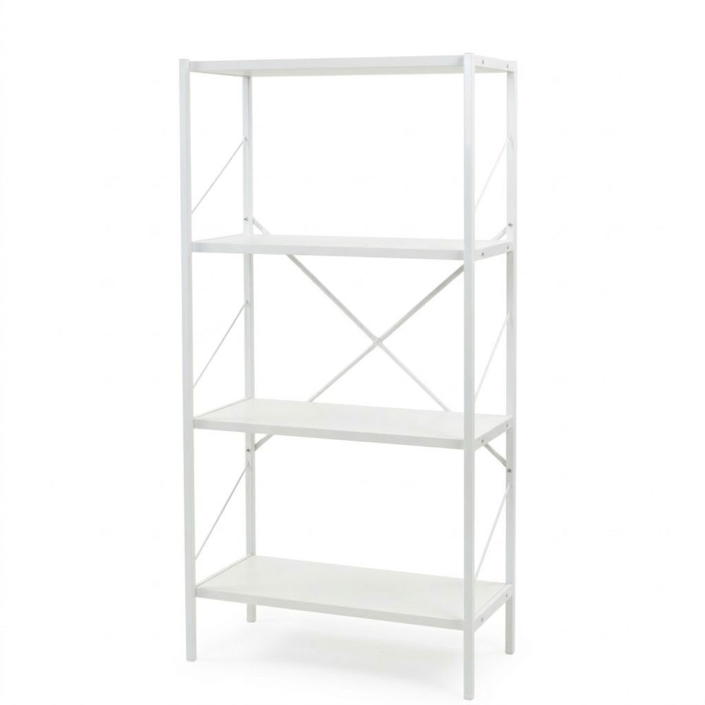 Etajera cu 4 rafturi depozitare FiGGA®, Metal + MDF, 120 cm x 55 cm x 25 cm, potrivita pentru baie, carti, pantofi, incaltaminte, papuci, jucarii, biblioteca, in camara, debara sau dressing, Alb/Alb [4]