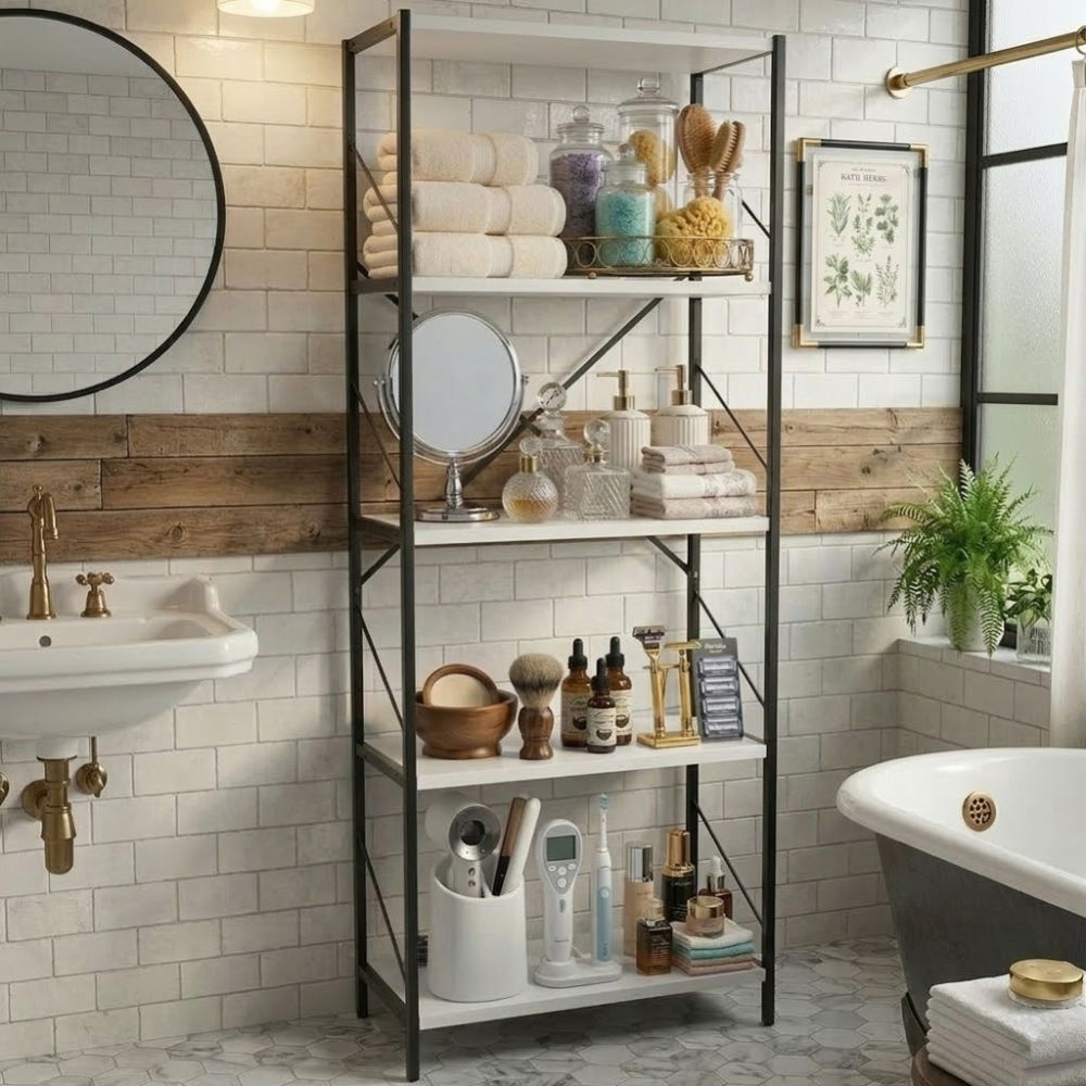 Etajera cu 5 rafturi depozitare FiGGA®, Metal + MDF, 150 cm x 60 cm x 30 cm, potrivita pentru baie, carti, pantofi, incaltaminte, papuci, jucarii, biblioteca, in camara, debara sau dressing, Negru/Pin [7]