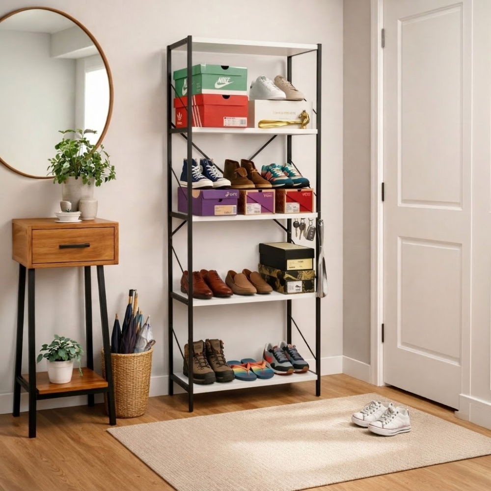 Etajera cu 5 rafturi depozitare FiGGA®, Metal + MDF, 150 cm x 60 cm x 30 cm, potrivita pentru baie, carti, pantofi, incaltaminte, papuci, jucarii, biblioteca, in camara, debara sau dressing, Negru/Pin [8]