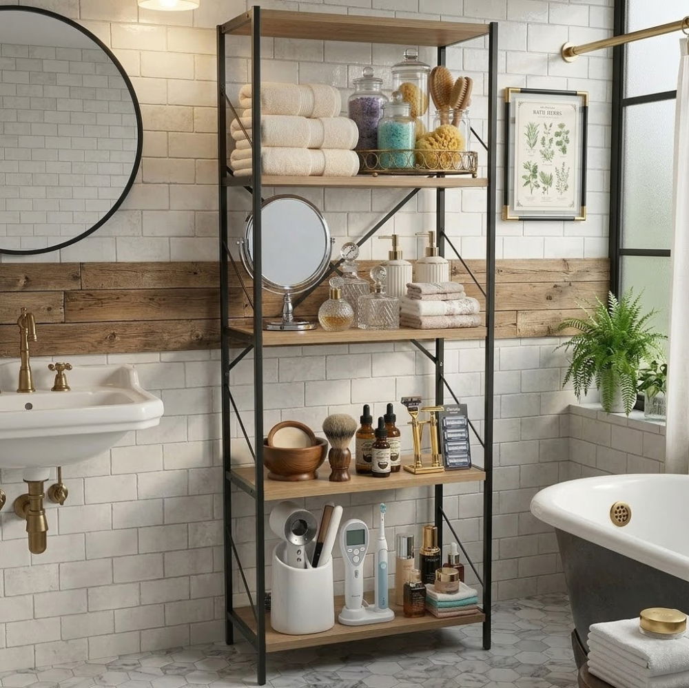 Etajera cu 5 rafturi depozitare FiGGA®, Metal + MDF, 150 cm x 60 cm x 30 cm, potrivita pentru baie, carti, pantofi, incaltaminte, papuci, jucarii, biblioteca, in camara, debara sau dressing, Negru/Pin [8]