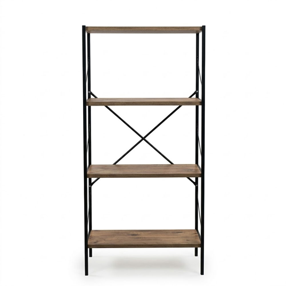 Etajera cu 4 rafturi depozitare FiGGA®, Metal + MDF, 120 cm x 55 cm x 25 cm, potrivita pentru baie, carti, pantofi, incaltaminte, papuci, jucarii, biblioteca, in camara, debara sau dressing, Negru/Pin [2]