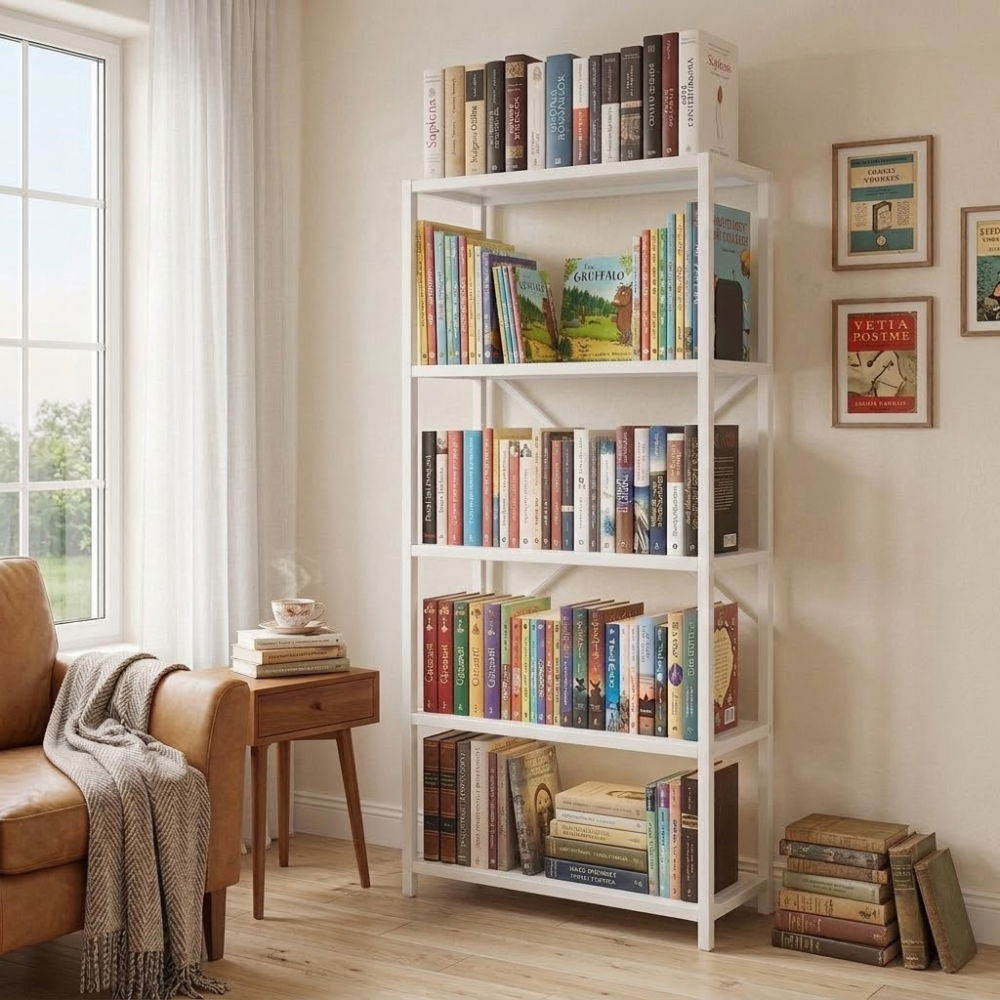 Etajera cu 5 rafturi depozitare FiGGA®, Metal si MDF, 150 cm x 60 cm x 30 cm, potrivita pentru baie, carti, pantofi, incaltaminte, papuci, jucarii, biblioteca, in camara, debara sau dressing, Alb/Alb [4]